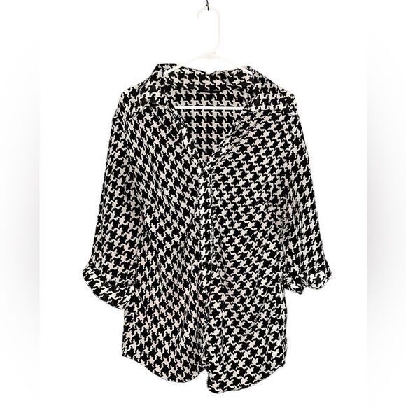 Ashley Stewart Houndstooth Black White Button Up Blouse - Picture 1 of 4
